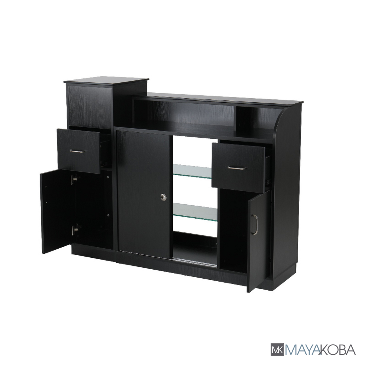 Mesa de recepción Glasglow con expositor de Mayakoba 