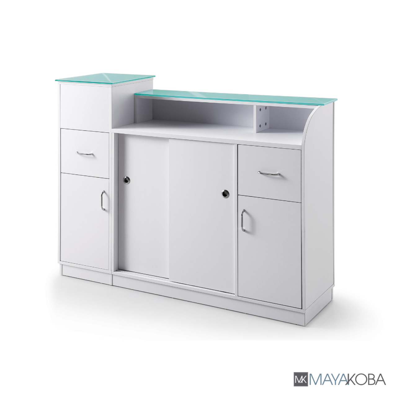 Mesa de recepción Glasglow con expositor de Mayakoba 